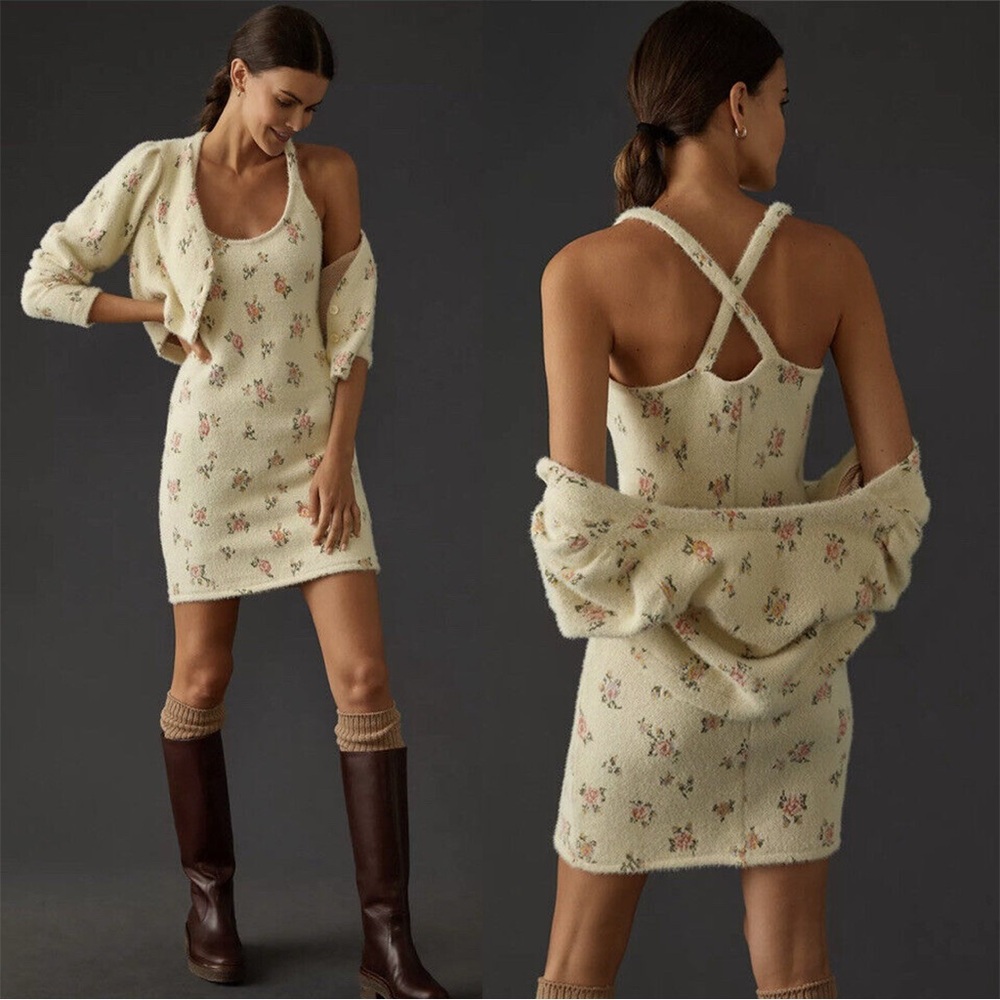 Daily Practice - Ivory Floral Knit Dress and Cardigan 2-Piece Set - XS NWT